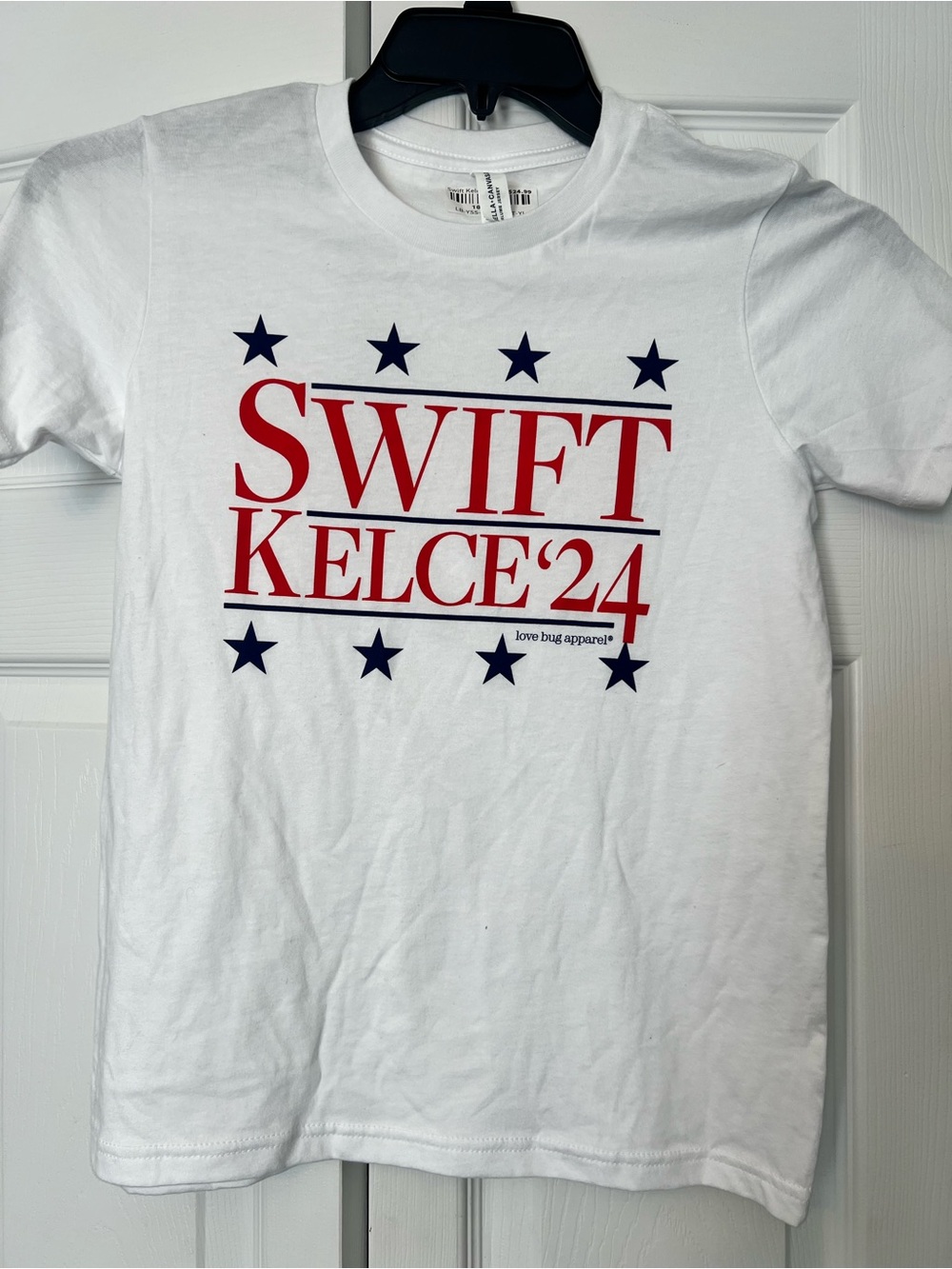 Bella Canvas White Kids Tee with Red & Navy 'SWIFT KELCE '24' Graphic- youth L